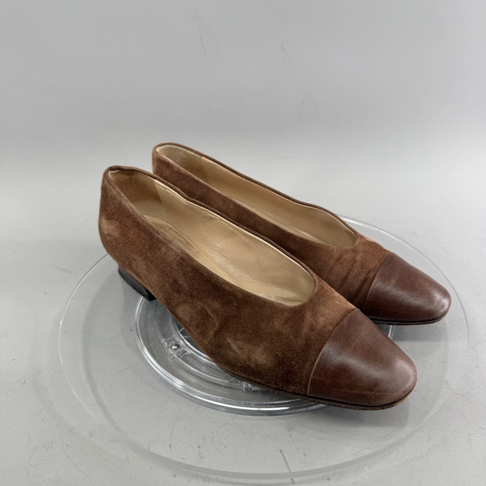 Louis Feraud Womens Suede Cap Toe Block Heel Pumps Brown Leather Made Italy 38.5